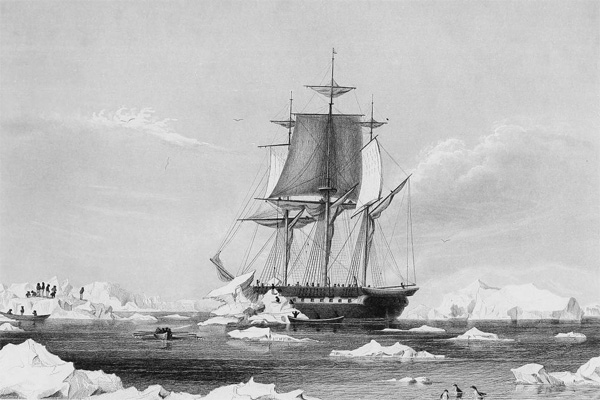 image of a three-masted ship sailing through icy seas