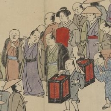 woodcut print with 18th century Japanese citizens crossing a bridge