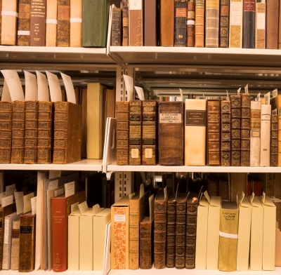 Standing Books of various size and colors standing on a shelf 